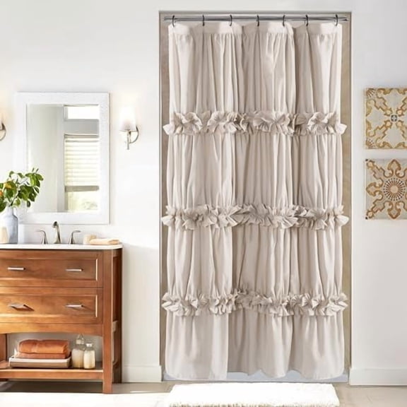 Camel Ruffle Stall Shower Curtain, Vintage Handcrafted Bow Tie Bath Curtain for Master Bathroom, Ruched Microfiber Bathroom Curtain with 7 Buttonholes, 36" W x 72" H (LQ-10)