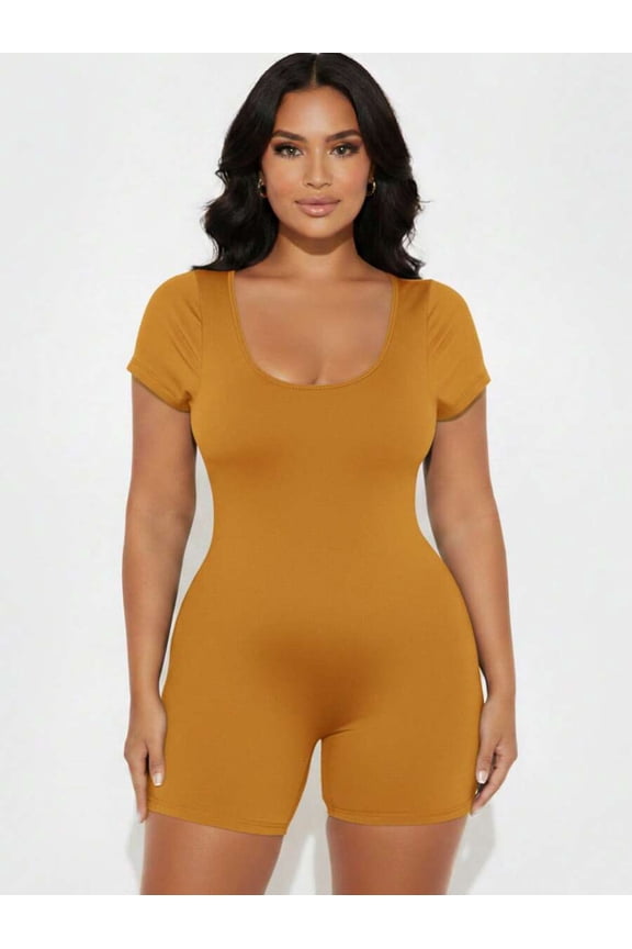 Camel Scoop Neck Short Sleeve Romper Women Slim Fit Loungewear