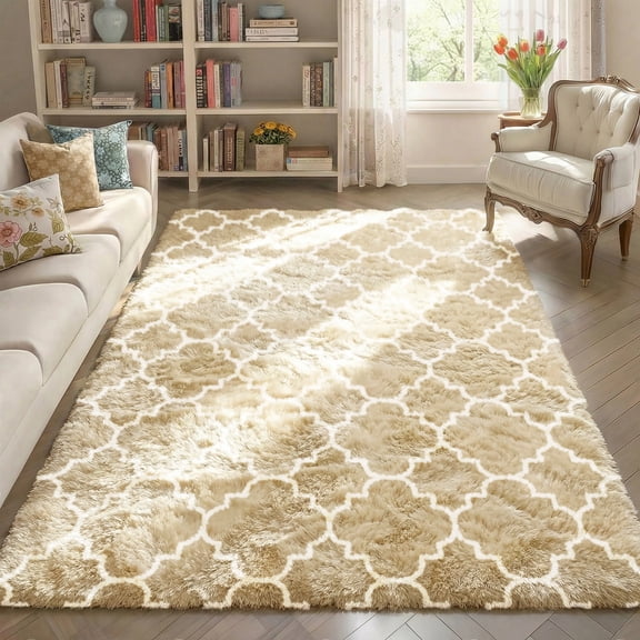 Pentantan Shag Area Rug, 5ft x 8ft Geometric Soft Fluffy Rugs for Living Room Bedroom Indoor Carpet, Camel & White