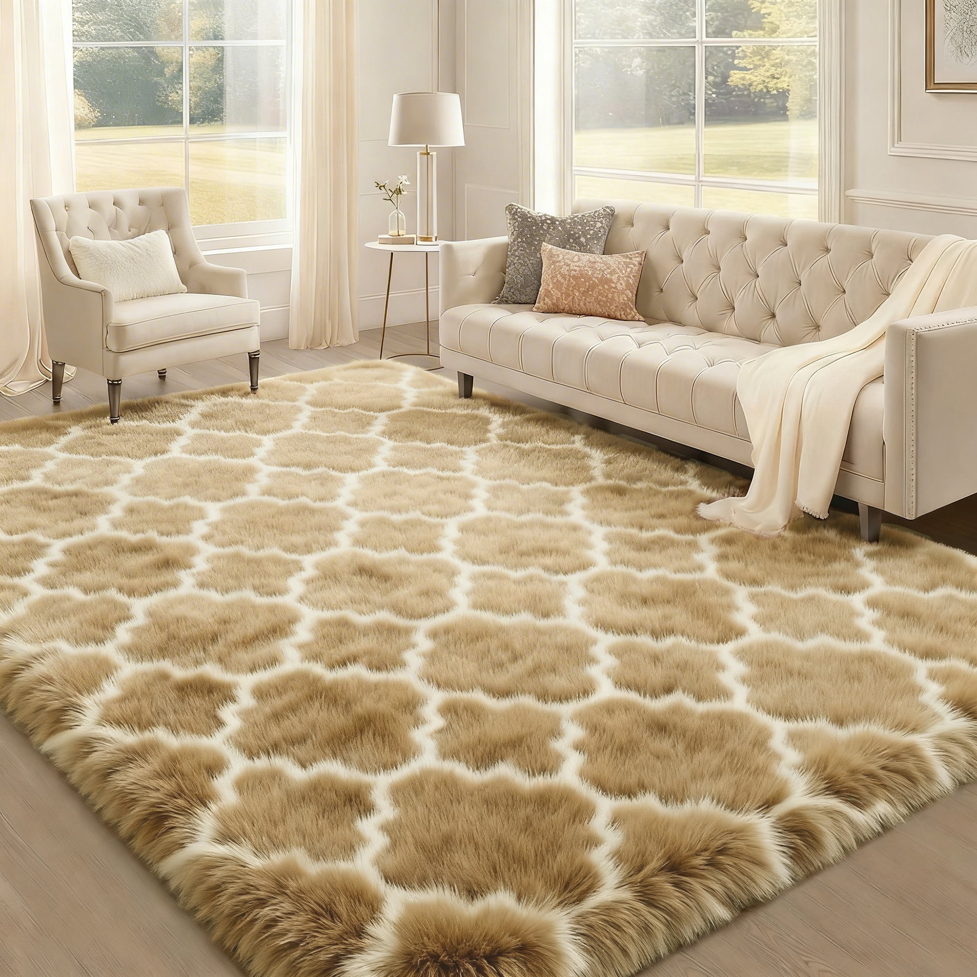 Pentantan Shag Area Rug, 5ft x 8ft Geometric Soft Fluffy Rugs for Living Room Bedroom Indoor Carpet, Camel & White