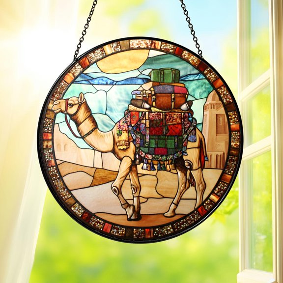 Camel Stained Glass Suncatcher Window Hanging Desert Caravan Art Round Sun Catcher Home Decor Gift