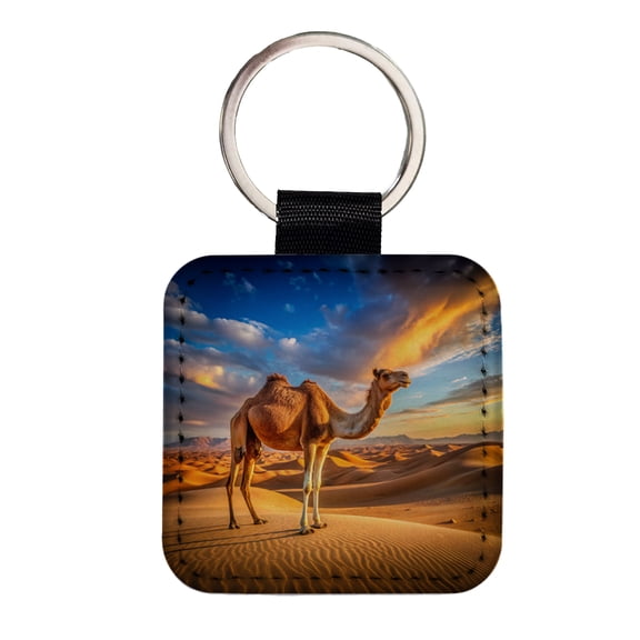 Camel Standing In Desert Faux Leather Square Keychain