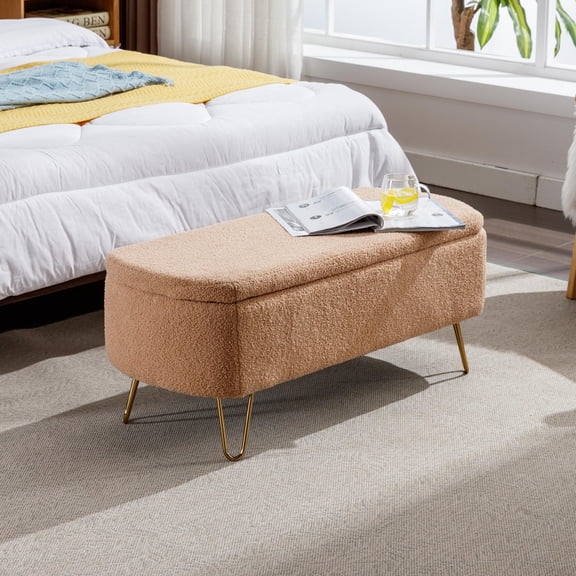 Camel Storage Ottoman Bench For End Of Bed Gold Legs, Modern Camel Faux Fur Entryway Bench Upholstered Padded With Storage For Living Room Bedroom