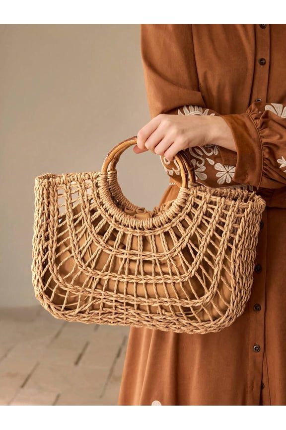 Camel Straw Woven Tote Bag With Bamboo Handle