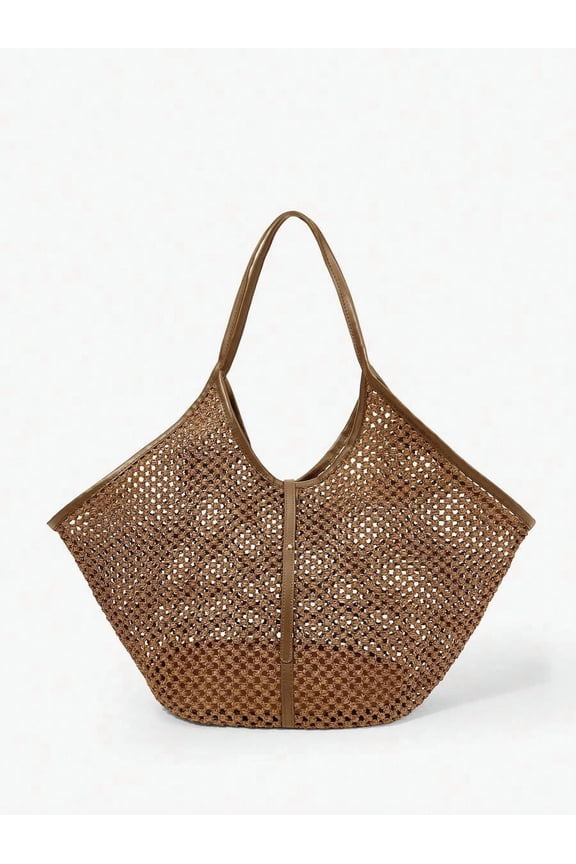 Camel Straw Woven Tote Bag With Hollow Design Large Capacity