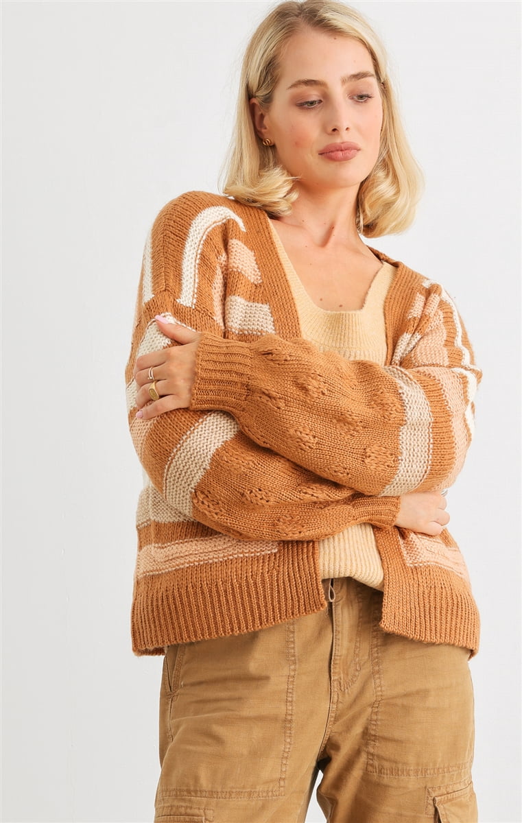 Camel Double-Breasted Knit Cardigan