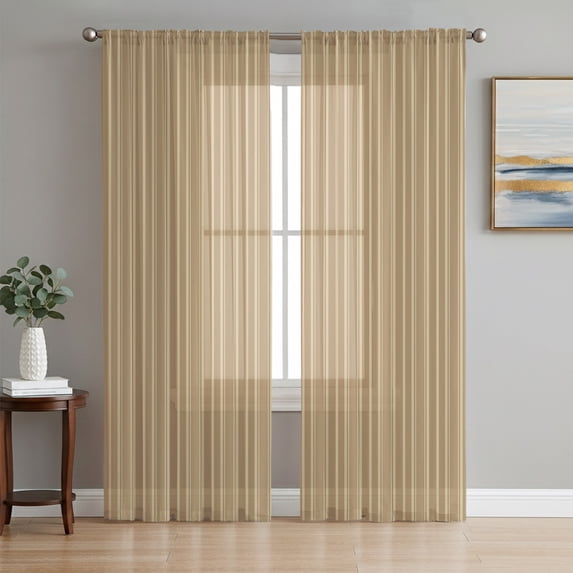 Camel Striped Sheer Curtains 84 Inches Long, Farmhouse Vintage Camel Stripes Light Filtering Window Curtains for Living Room/Bedroom, Rod Pocket Voile Sheer Curtain Drapes, 52"W x 84"L, 2 Panels