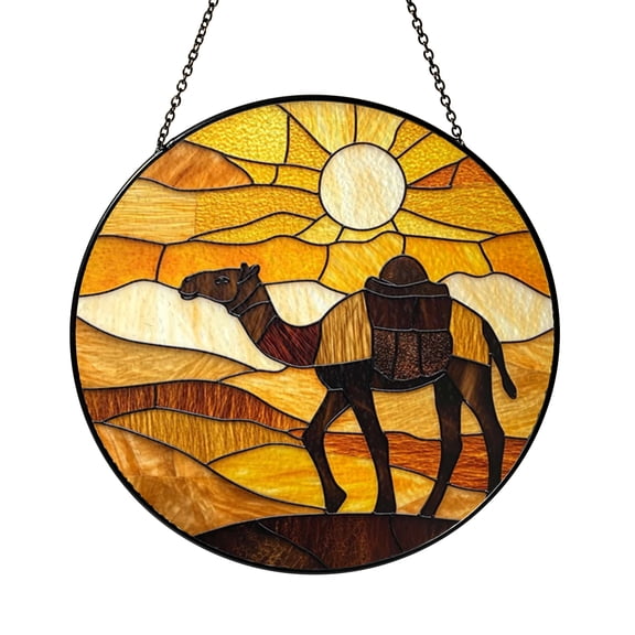 Camel and Sun Desert Stained Glass Suncatcher Window Hanging, Sand Dunes and Desert Landscape Round Glass Art Panel, Sunset Desert Scene Window Decor, Decorative Hanging Ornament