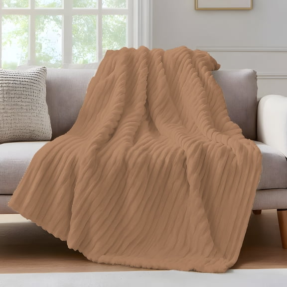 Camel Throw Blanket for Couch Light Brown Solid Background Autumnal Rustic Farmhouse Soft and Warm Flannel 3D Striped Fluffy Fuzzy Fleece Blanket Lightweight Throw for Bed, Sofa 30 x 40 Inches