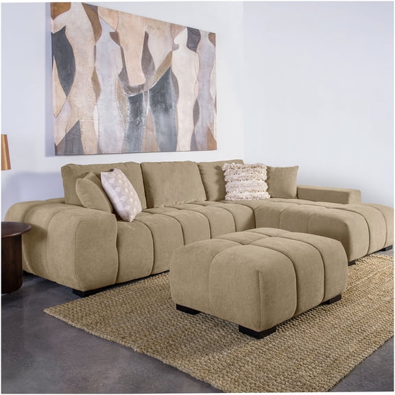 Camel Upholstered Sectional Chaise Sofa with Reversible Cushions and Grid Tufting