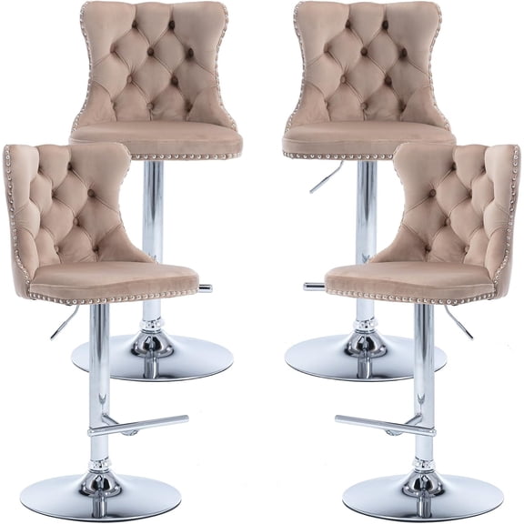 Camel Velvet Bar Stools Set of 4 - Adjustable Swivel Tan Counter Height Chairs with Tufted Back and Nailhead Trim for Kitchen Island (Khaki, Chrome Metal, 4 Pcs)
