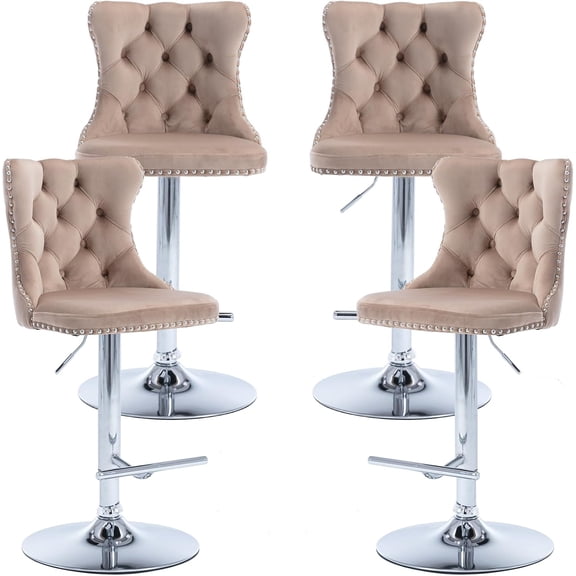 Camel Velvet Bar Stools Set of 4 - Adjustable Swivel Tan Counter Height Chairs with Tufted Back and Nailhead Trim for Kitchen Island (Khaki, Chrome Metal, 4 Pcs)
