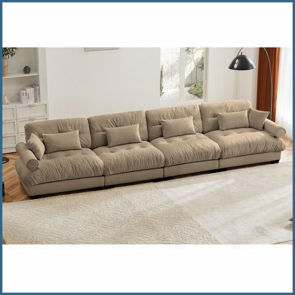 Camel Velvet Modular L-Shaped Sectional Sofa | Round Arms | Cushion Back | Cloud Comfort Deep Seat with Movable Ottoman for Living Room