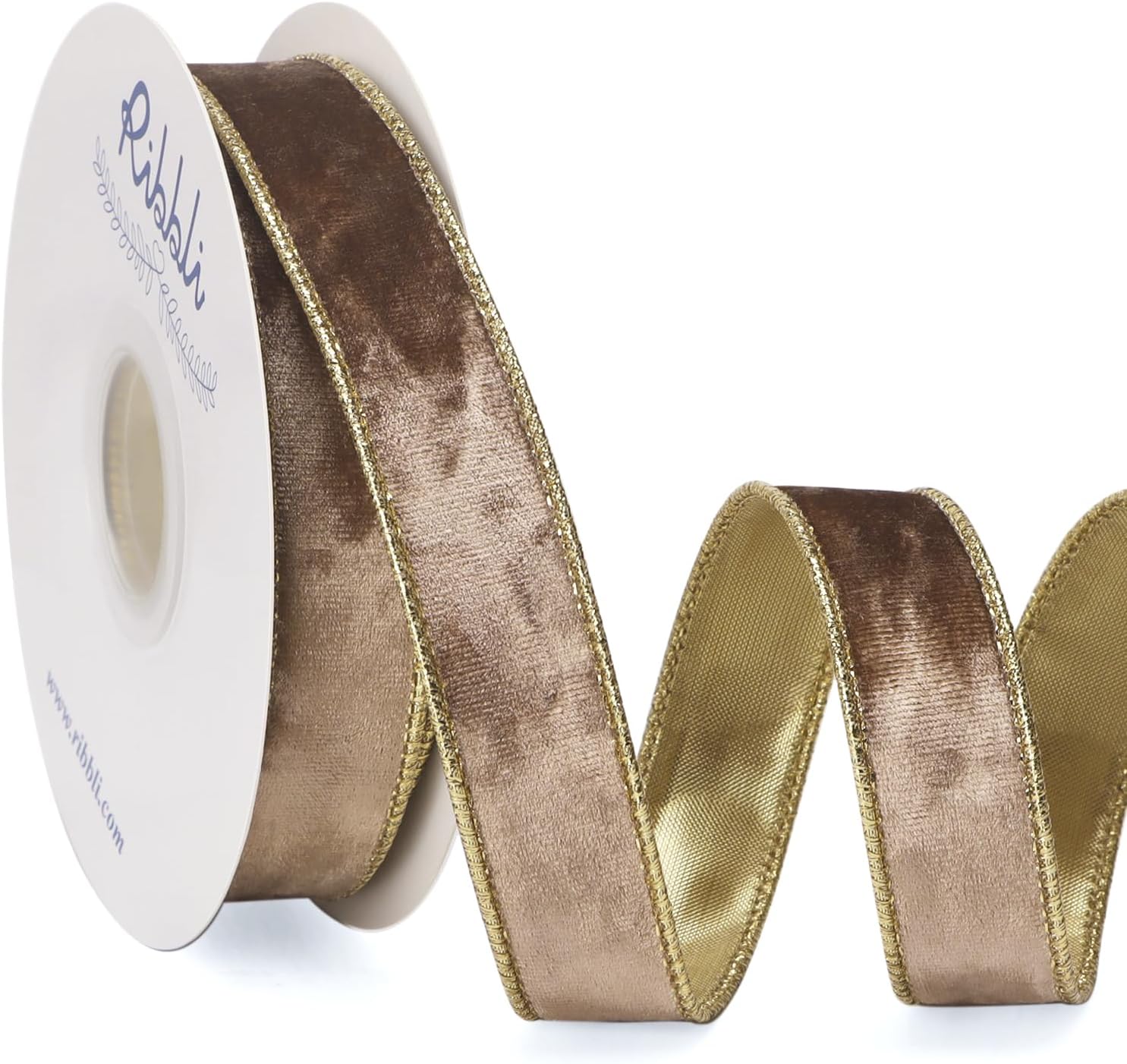 Camel Velvet Wired Ribbon 1 Inch Metallic Khaki Gold Crushed Velvet ...