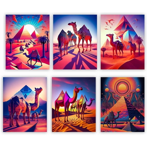 Camel Wall Art,Egypt Travel Vintage Poster with Palms Prints,Camel Caravan, Dunes and Pyramids in the Background,for Living room Wall Decor,8x10inches Unframed Canvas Set of 6.