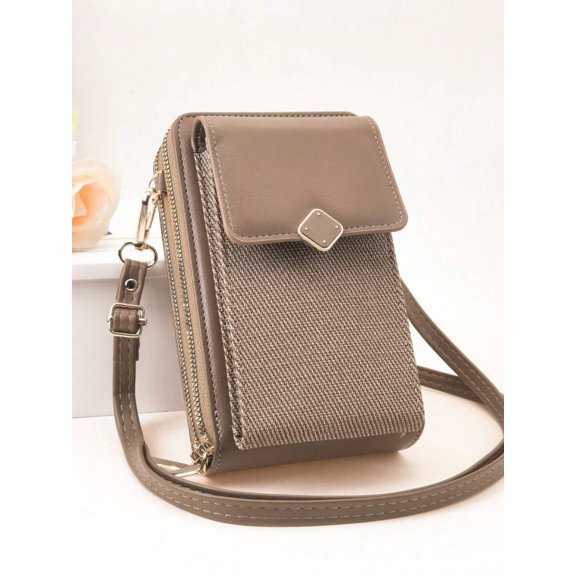 Camel Wallet With PU Leather & Woven Fabric Patchwork