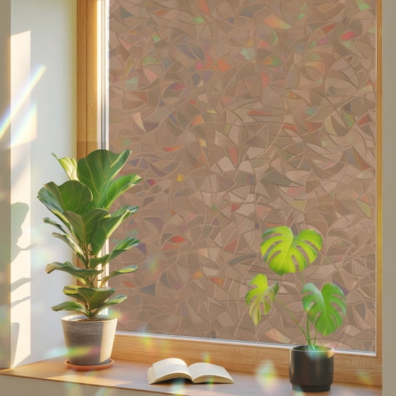 Camel Window Privacy Film, Light Brown Solid Background Autumnal Rustic Farmhouse Stained Glass Rainbow Film Decorative Window Clings, Static Cling Sun Blocking Stickers 17.7" x 39.3"
