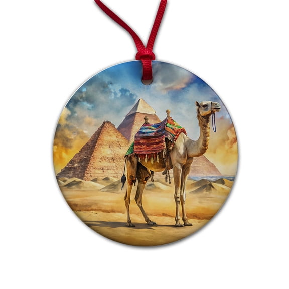 Camel With Pyramids In Background Watercolor Christmas Tree Holiday Round Ceramic Ornament