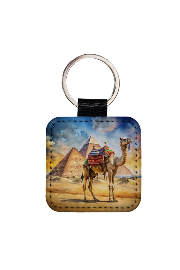 Camel With Pyramids In Background Watercolor Faux Leather Square Keychain