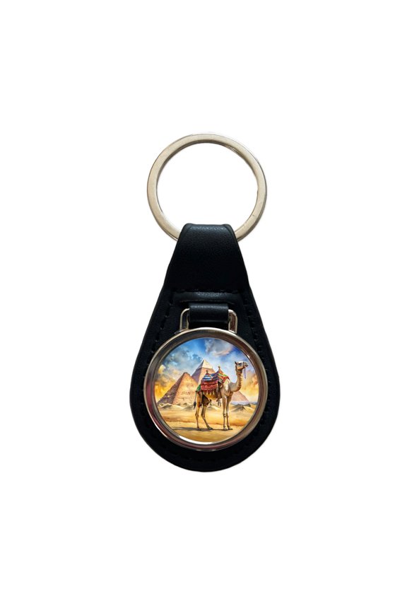 Camel With Pyramids In Background Watercolor Metal Black Leather Keychain