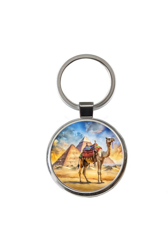 Camel With Pyramids In Background Watercolor Metal Round Keychain
