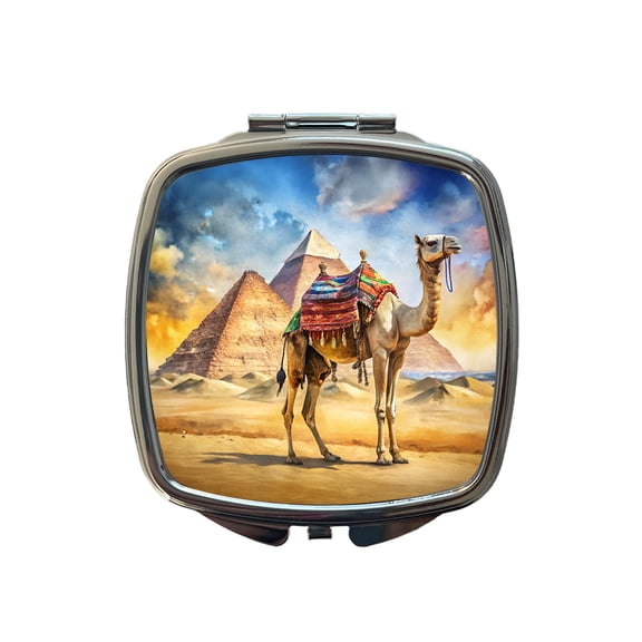Camel With Pyramids In Background Watercolor Travel Makeup Handbag Purse Small Pocket Compact Mirror