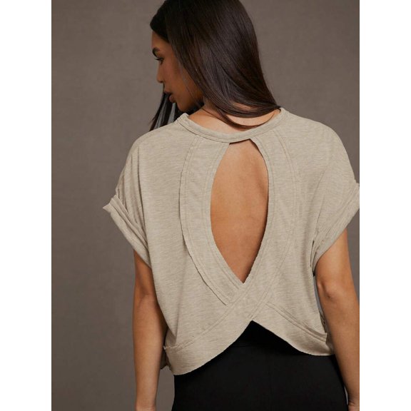 Camel Womens Backless Cutout Crop Top With Asymmetrical Hem, Loose Fit, 100% Cotton