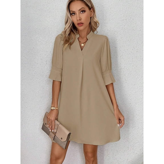 Camel Womens V-Neck Short Sleeve Shift Dress, Relaxed Fit Casual A-Line Mini Dress For Summer Vacation
