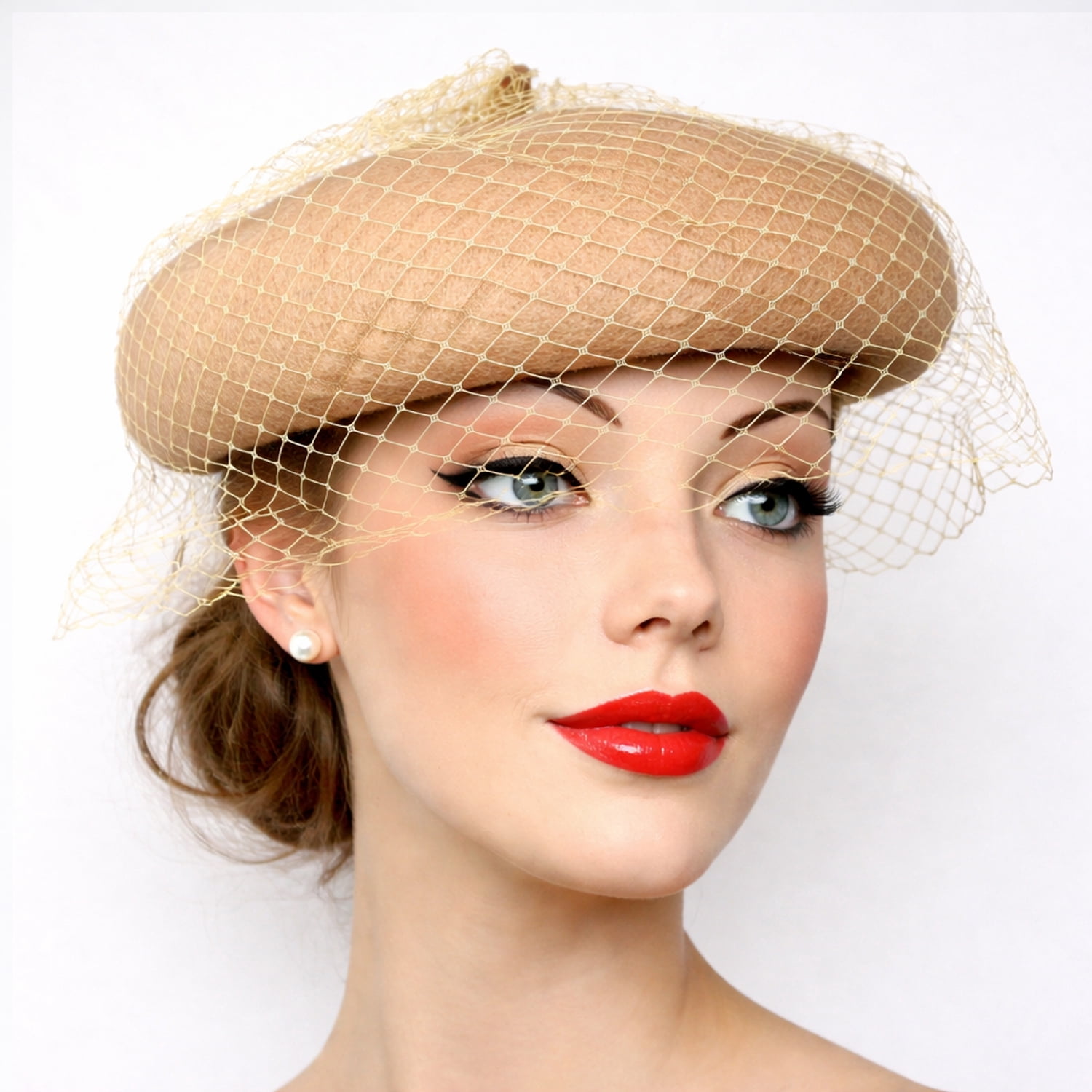 Camel Wool Felt Beret w Veil Netting - Church, Party, Retro Style by Hey Viv