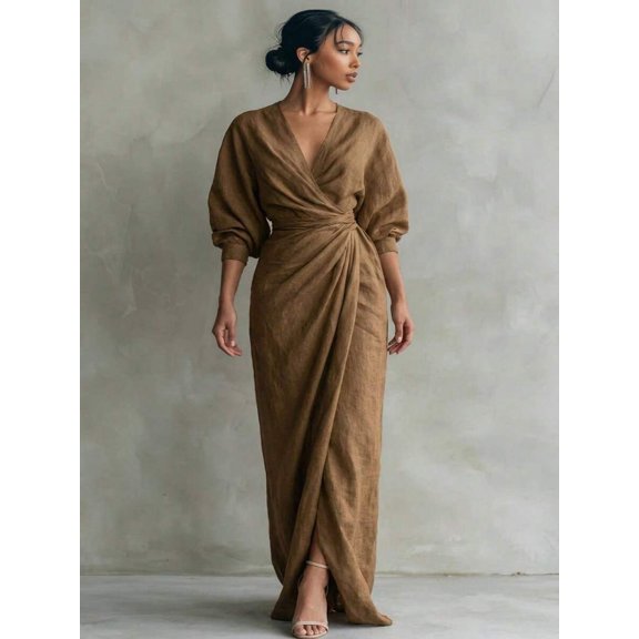 Camel Wrap Maxi Dress With V-Neck Bubble Sleeves And Side Slit
