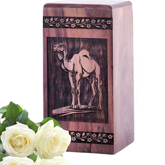 Camel in Desert Grand Memorial Urn | Large Wooden Ashes Keeper | Exquisite 10-Inch Decorative Tribute Chest, Black Wood Keepsake Urn