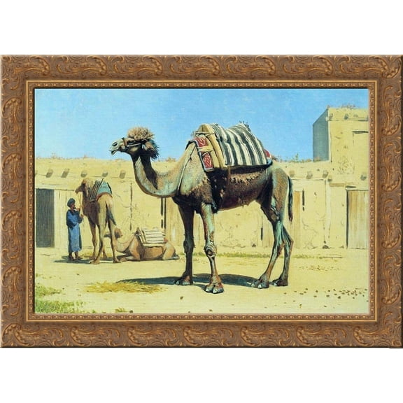 Camel in the courtyard of caravanserai 24x18 Gold Ornate Wood Framed Canvas Art by Vasily Vereshchagin