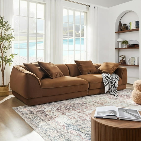 Modern Camel Flannel Sofa, 220×80×75cm, for Living Room, Solid Wood Frame