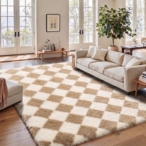 Pentantan 8’x 10’ Shag Area Rugs, Soft Fluffy Modern Checkered Indoor Carpet for Living Room Bedroom, Camel & White