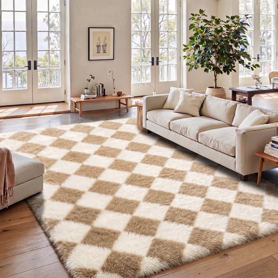 Pentantan 8’x 10’ Shag Area Rugs, Soft Fluffy Modern Checkered Indoor Carpet for Living Room Bedroom, Camel & White
