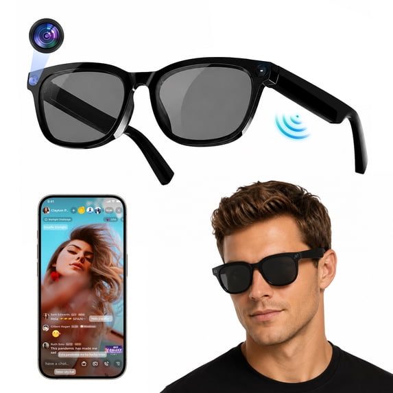 CamelParty AI Smart Glasses with 8MP Camera, Video Recording Sunglasses with Real-Time Translation, AI Voice Assistant, Bluetooth, WI-FI, Hands-Free Calls & Music, Gifts for Men Women