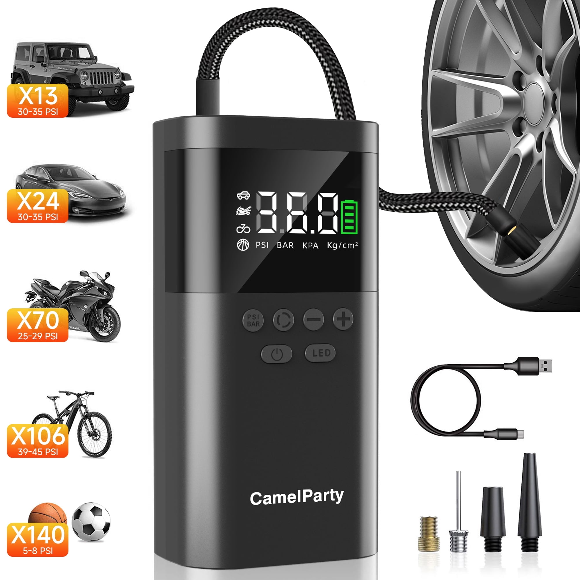 CamelParty Cordless Tire Inflator Portable Air Compressor, 8000mAh Auto Shut-off Air Pump for Car Tires, Motorcycle, Bike, 150PSI Tire Pump with Digital Pressure Gauge & LED Light