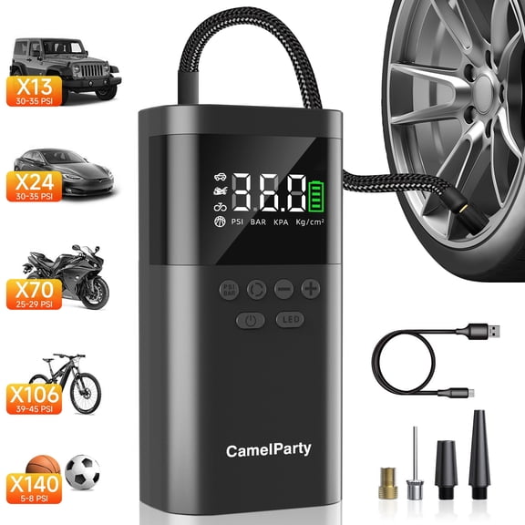 CamelParty Cordless Tire Inflator Portable Air Compressor, 8000mAh Auto Shut-off Air Pump for Car Tires, Motorcycle, Bike, 150PSI Tire Pump with Digital Pressure Gauge & LED Light