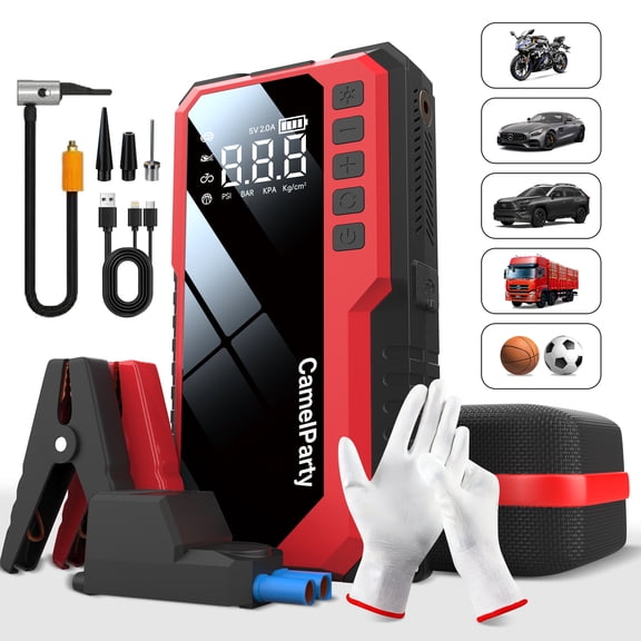 CamelParty Jump Starter with Air Compressor, 6000A Portable Car Jump Starter (for Gas/Diesel Engines) with 150 PSI Digital Tire Inflator, 12V Emergency Jump Box with LED Light Power Bank