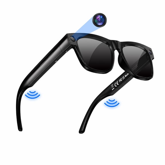 CamelParty Smart Glasses with Camera, Bluetooth, AI Voice Assistant, Sunglass & Blue Light-Blocking Lenses, Audio, Photo, Video Compatibility, Black