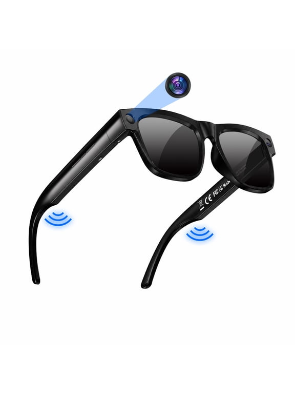 Smart Glasses with Camera, Bluetooth, AI Voice Assistant, Sunglass & Blue Light-Blocking Lenses, Audio, Photo, Video Compatibility, Black