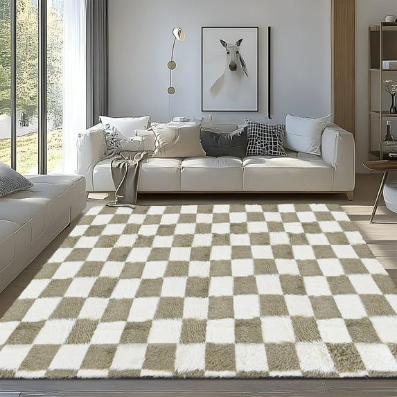 Pentantan 8ft x 10ft Shag Area Rugs for Living Room, Classic Checkered Fluffy Bedroom Carpet, Beige & White