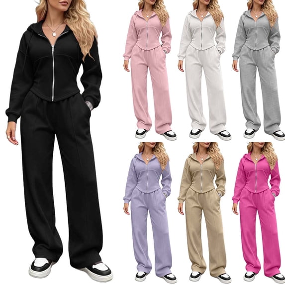 Cameland 2 Piece Lounge Sets for Women Women's Solid Color Hooded Zipper Top Elastic Waist Drawstring Pocket Pants Set Hot Pink M