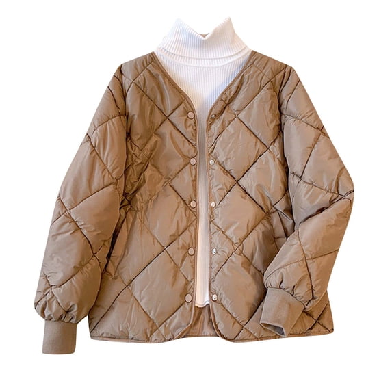Cameland Women's Winter Long Sleeve Solid Color Button-Up Jacket Long Sleeve Hoodless Crew Neck Lightweight Short Casual Coat Jacket on Clearance