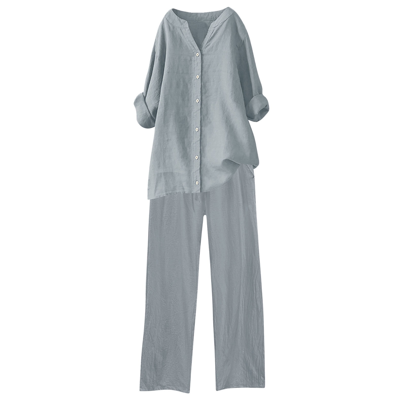 Cameland Womens Summer 2 Piece Cotton Linen Outfits Plus Size Solid