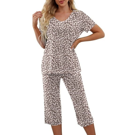 Womens Pajamas Sets Short Sleeve V Neck Top with Capri Pants with Pockets Casual Sleepwear Two Piece Summer Sets S-XXL