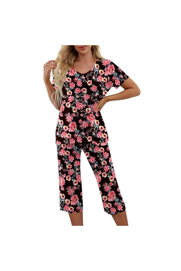 Womens Pajamas Sets Short Sleeve V Neck Top with Capri Pants with Pockets Casual Sleepwear Two Piece Summer Sets S-XXL