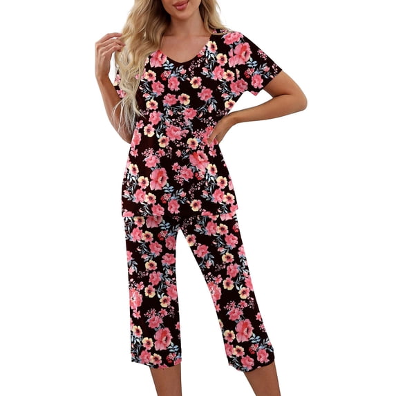 Womens Pajamas Sets Short Sleeve V Neck Top with Capri Pants with Pockets Casual Sleepwear Two Piece Summer Sets S-XXL