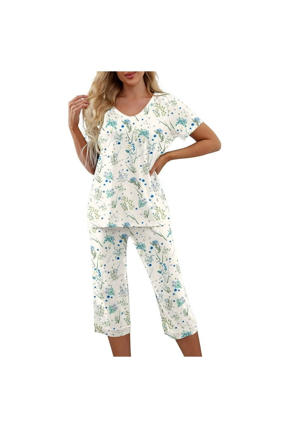 Womens Pajamas Sets Short Sleeve V Neck Top with Capri Pants with Pockets Casual Sleepwear Two Piece Summer Sets S-XXL