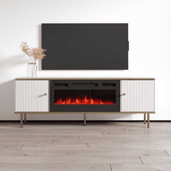 Camelia BL-EF Fireplace TV Stand for TVs up to 70", Mid-Century Modern Matte 63" Entertainment Center, Electric Fireplace TV Media Console with Storage Cabinets